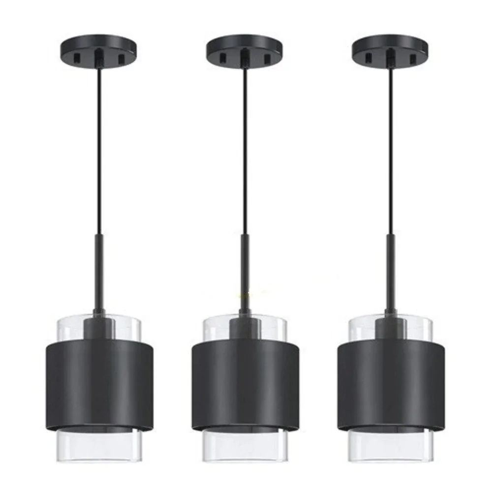 3 Pack 1 Light Hanging Kitchen Island Modern Industrial Farmhouse Glass and Blac